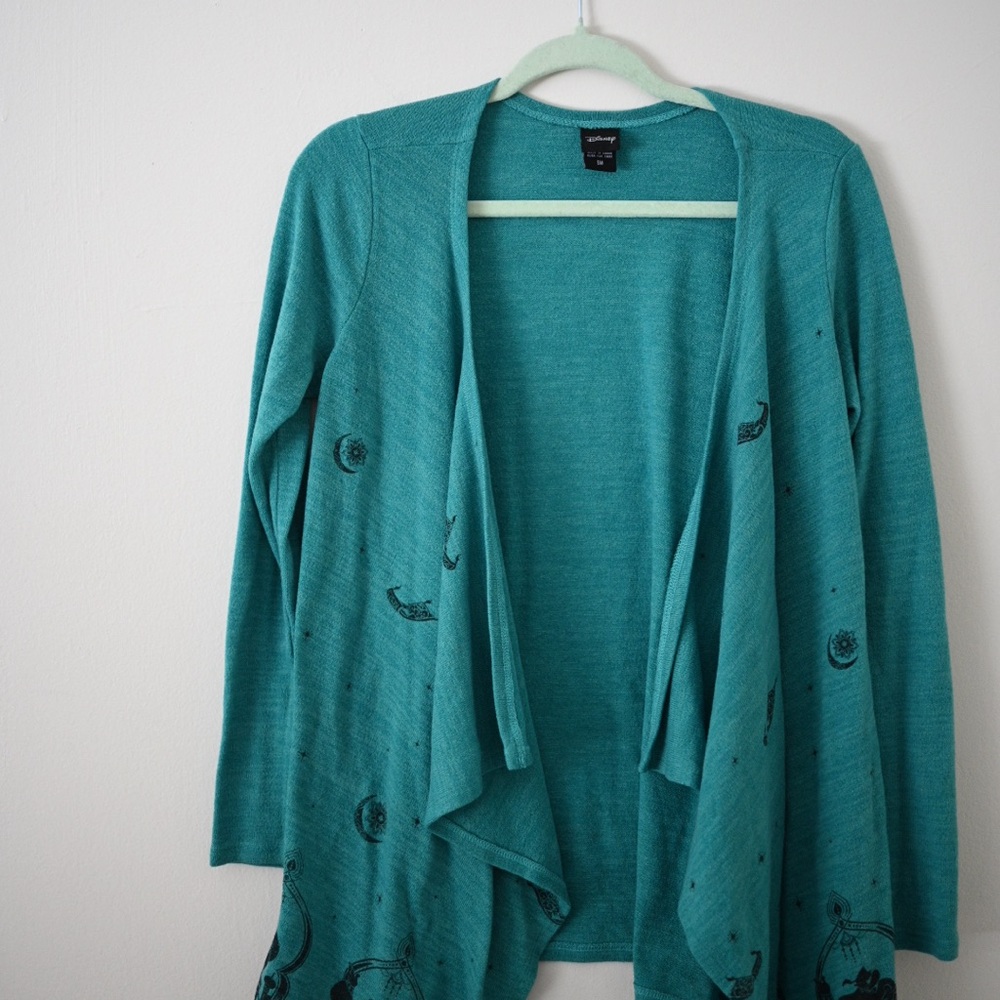 Disney Teal Cardigan with Aladdin & Jasmine Print - Open Sweater Size Small - Picture 3 of 10